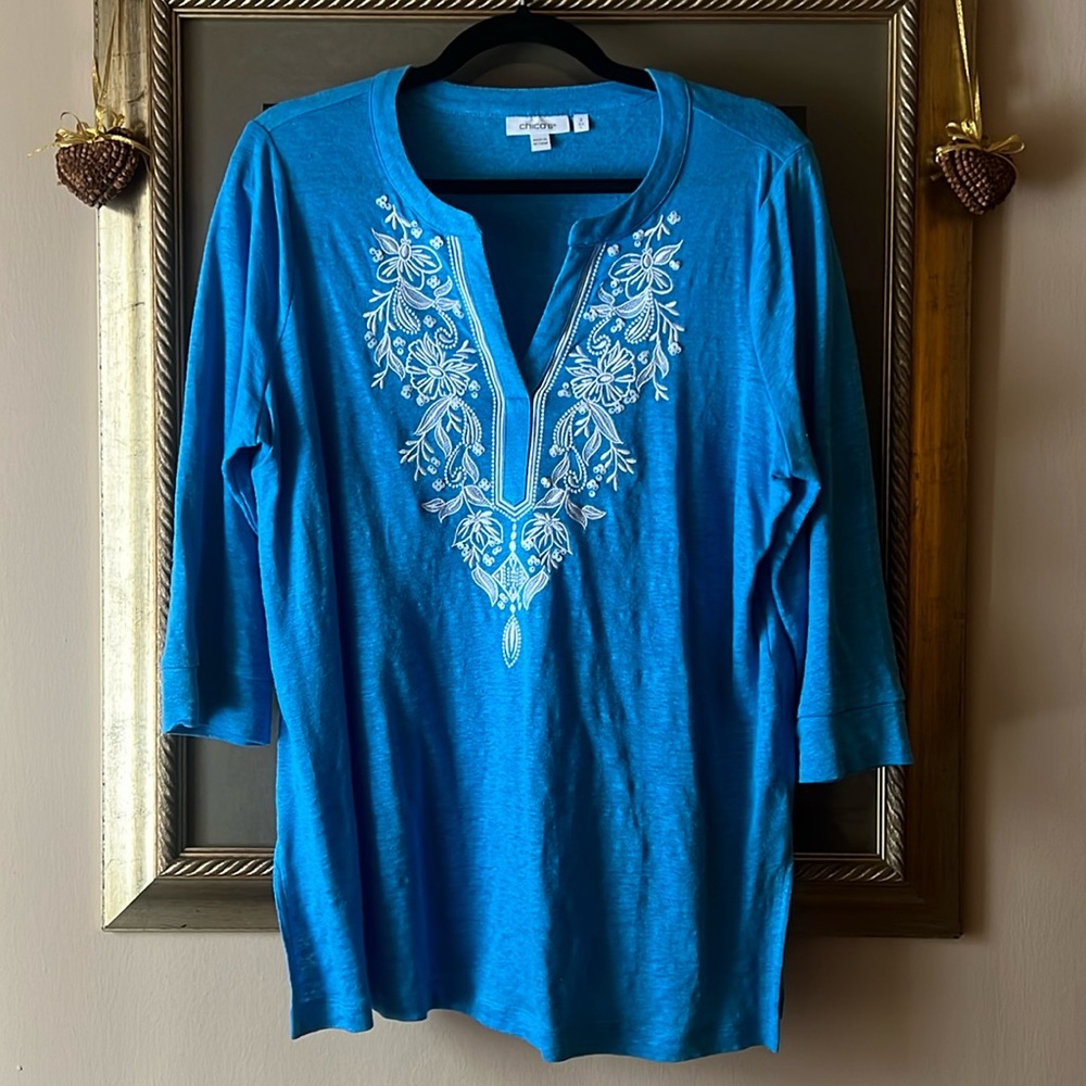 Chico’s Embellished Blue With Embroidery Linen Tunic Top 2 (Large)